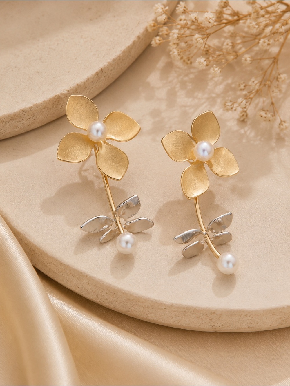 Gold & Silver Floral Pearl Drop Earrings – Women Jewelry